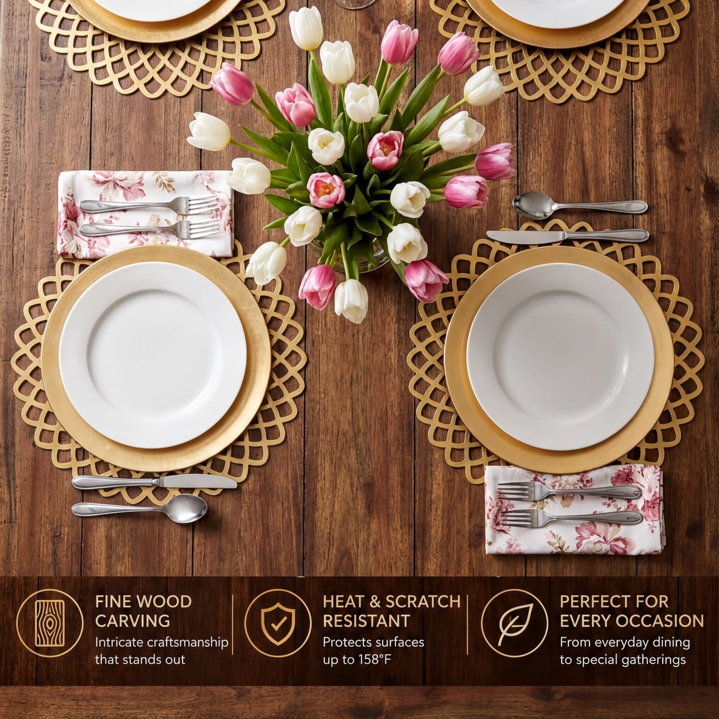 Gold Wooden Trivet - Heat Resistant MDF Wood Carved Placemats for Dining Table