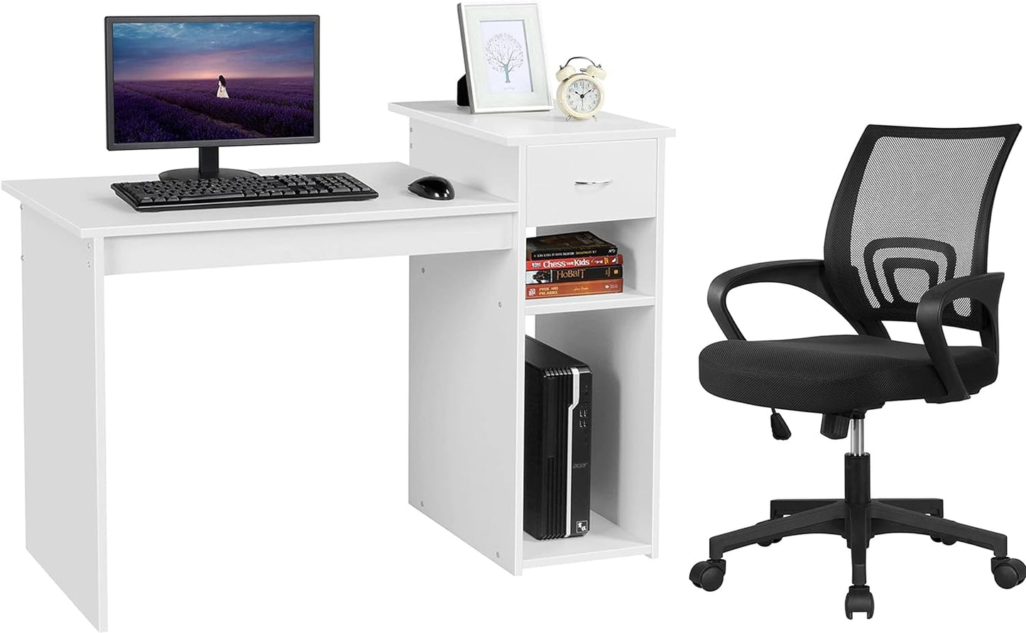White 44 Inch Desk And Black Mesh Chair Set With Adjustable