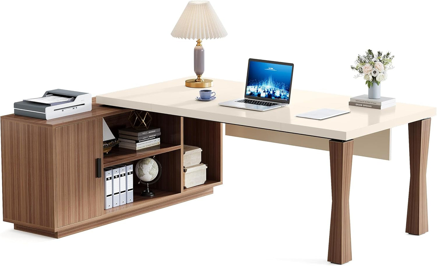 79 Inch Cream White L Shaped Executive Desk With Storage