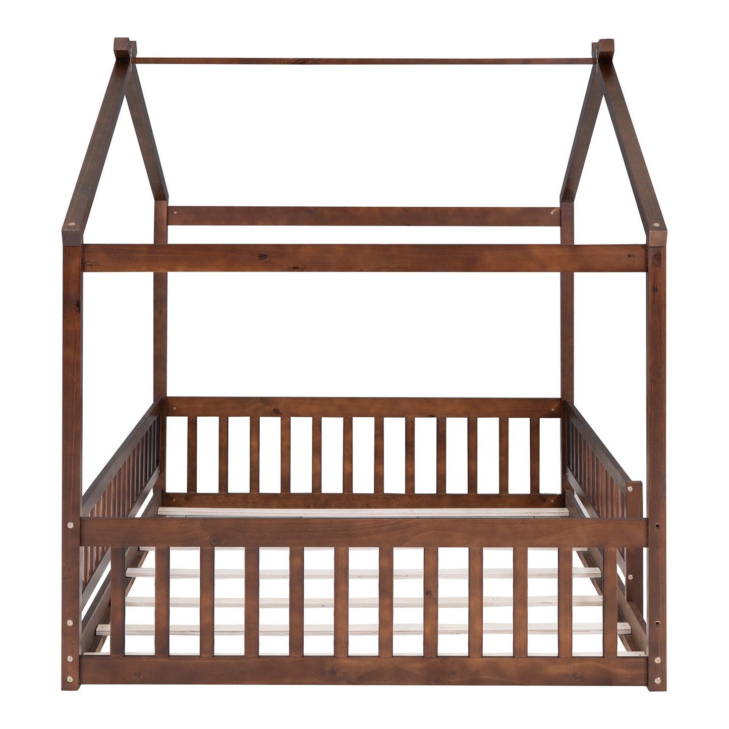 Full Size Wood Bed House Bed Frame with Fence, for Kids, Teens, Girls, Boys,Walnut