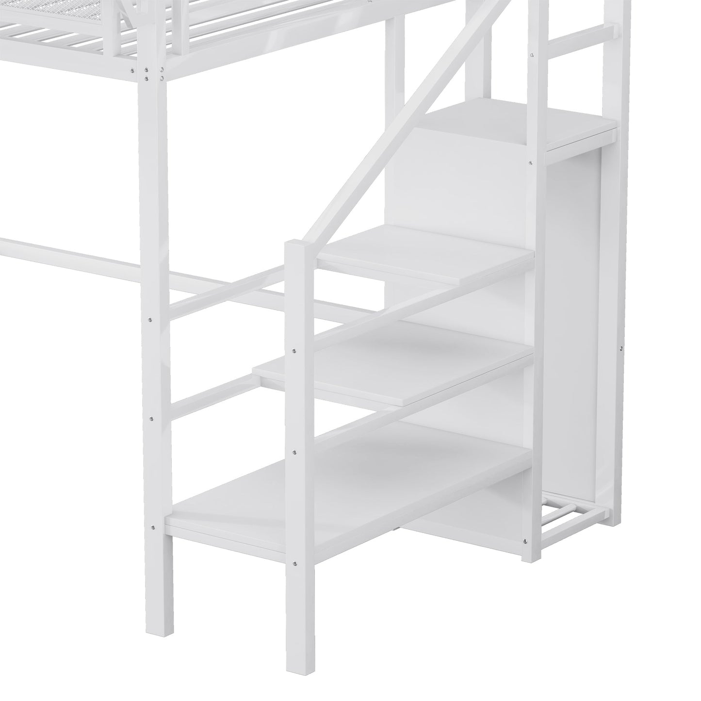 Twin XL Size Loft Bed with Stairs, Metal Full Loft Bed with Storage Shelves, High Loft Bed with Wardrobe for Kids Teens,White(Expect Arrival Date 2025/10/14)
