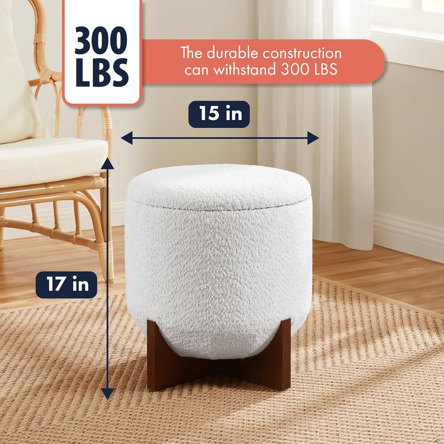 White Elegant Round Ottoman With Concealed Storage