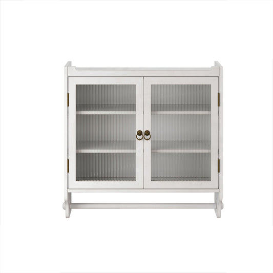 Vintage Double Door Wall Cabinet With Three Tiers Storage And Towel Rack - White Washed