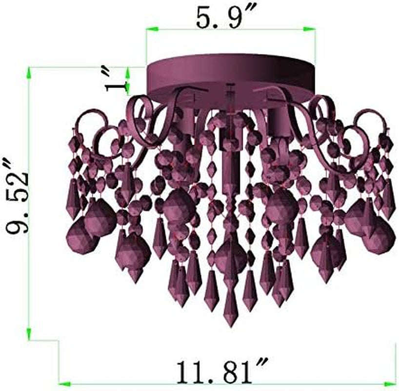 Pink Crystal Mini Chandelier 3 Light Semi Flush Mount with sparkling crystals and dimensions. Perfect for small rooms.
