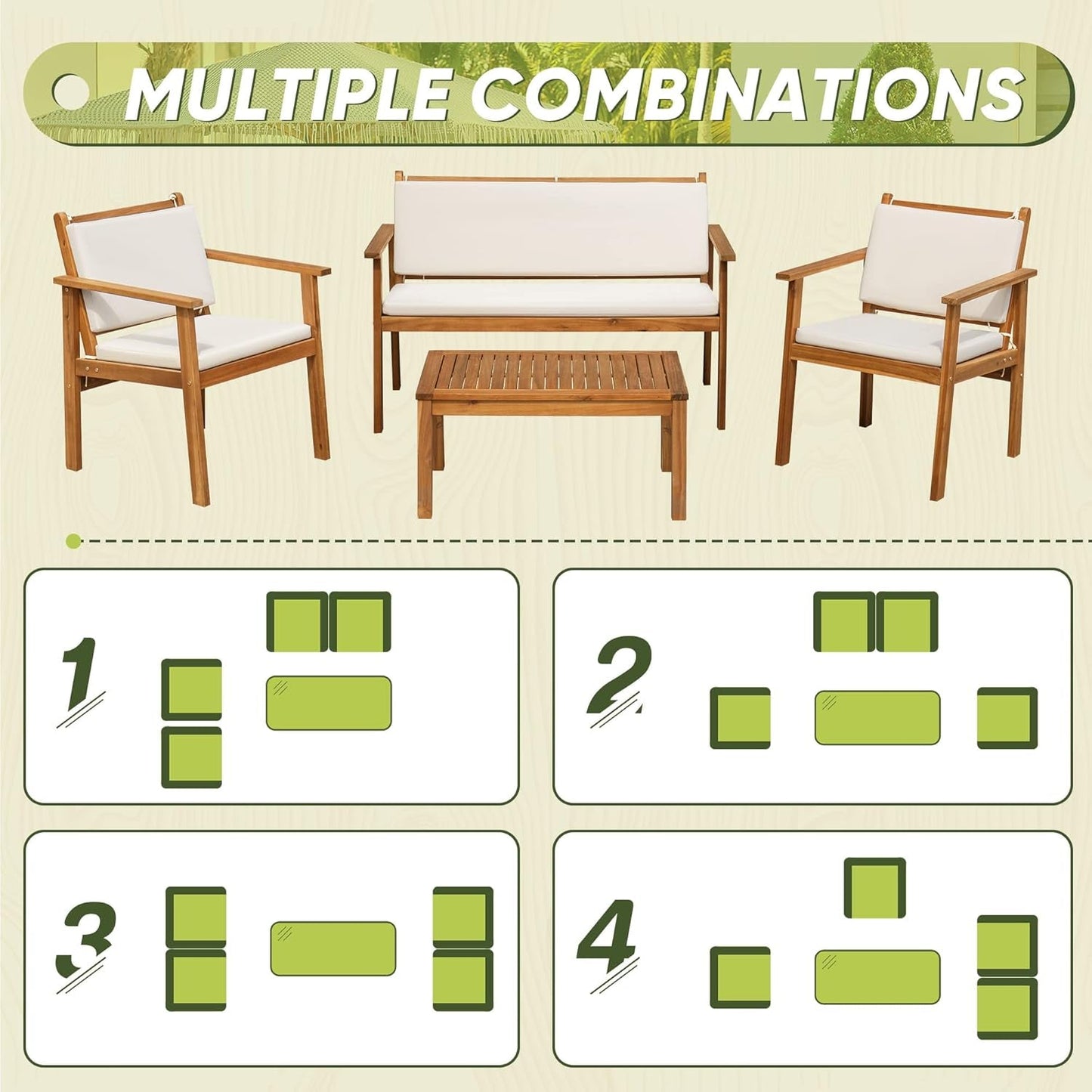 Acacia Wood 4 Piece Patio Conversation Set With Cushions