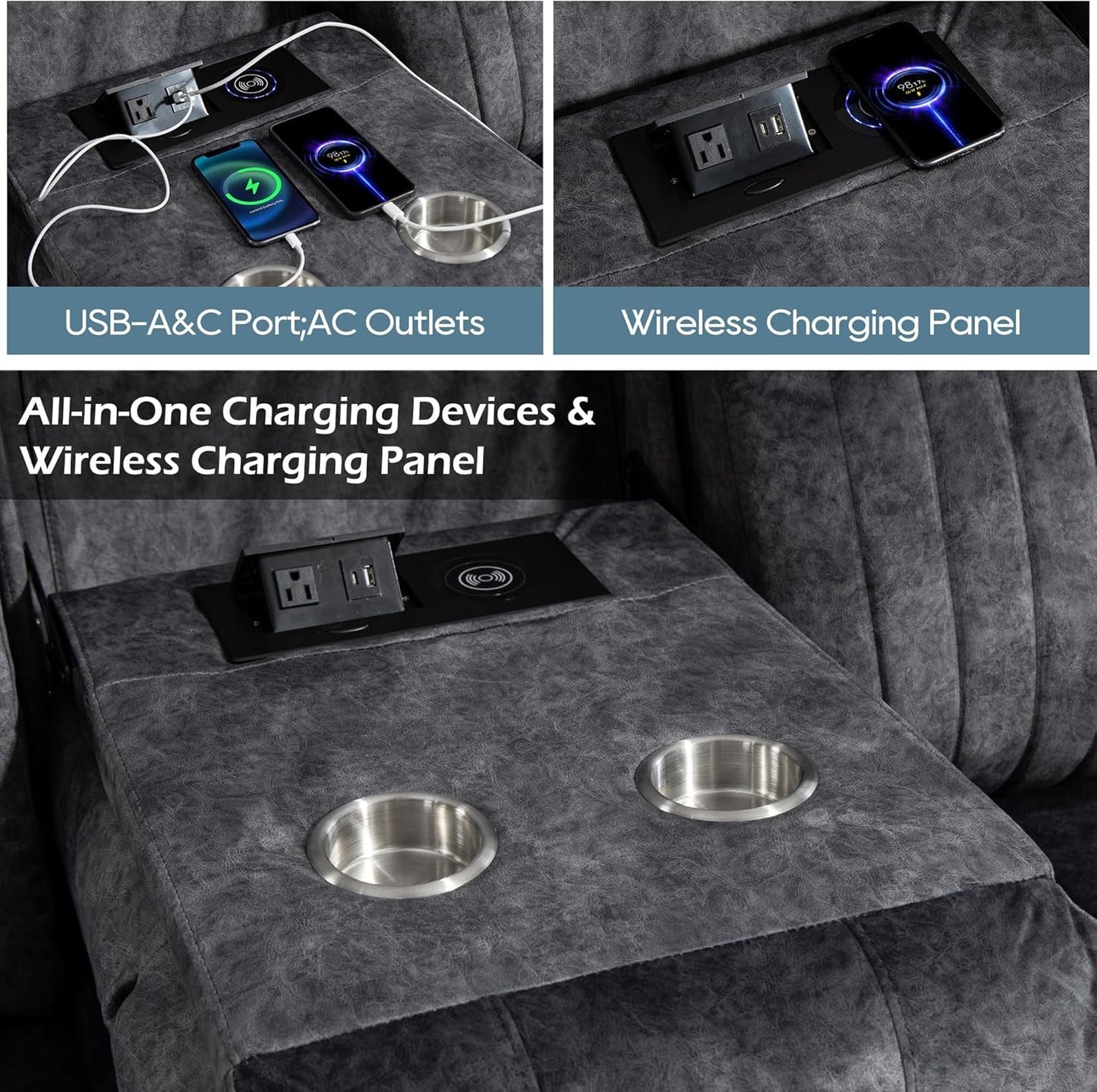 Grey Power Reclining Sofa With Zero Gravity USB Ports