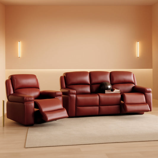Manual Recliner Sofa Set Red Bonded Leather With Cup Holders