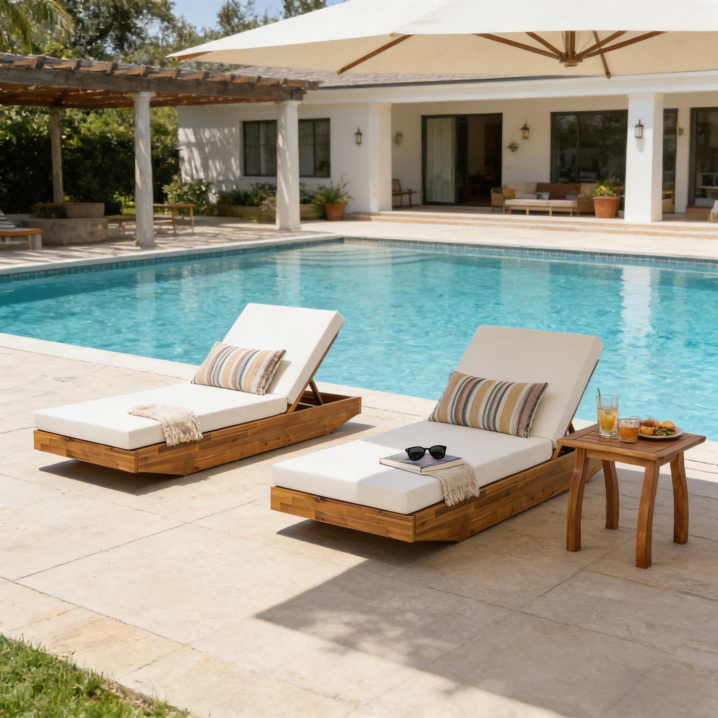 Acacia Wood Chaise Lounge with Cushion - Teak Finish