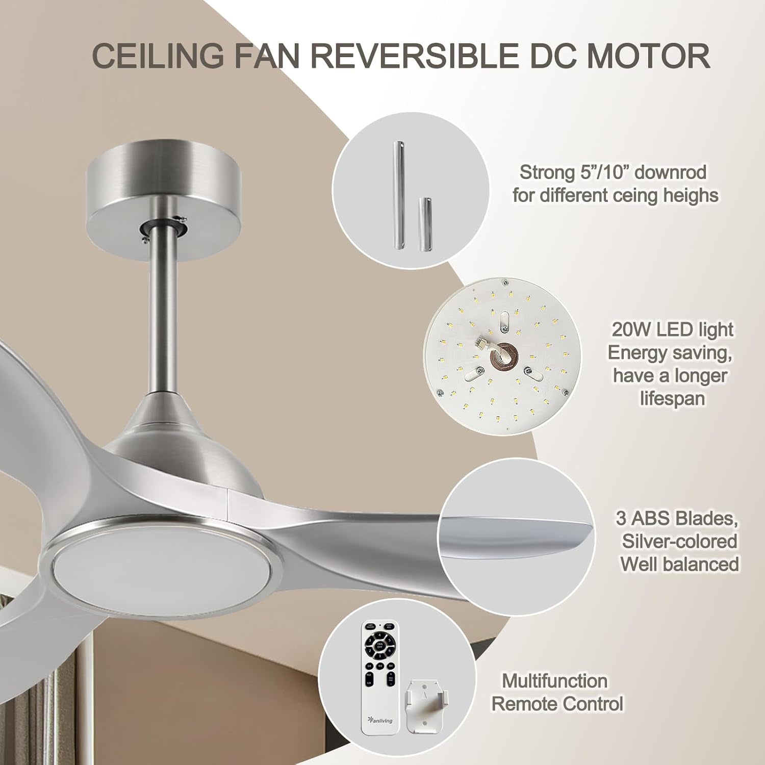 52 Inch Quiet DC Motor Ceiling Fan With LED Lights Remote Control features a modern silver design and multifunction remote.