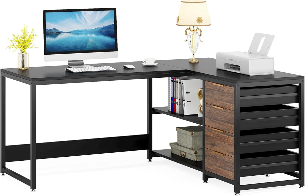 59 Inches L-Shaped Computer Desk with Drawers and Storage Shelves