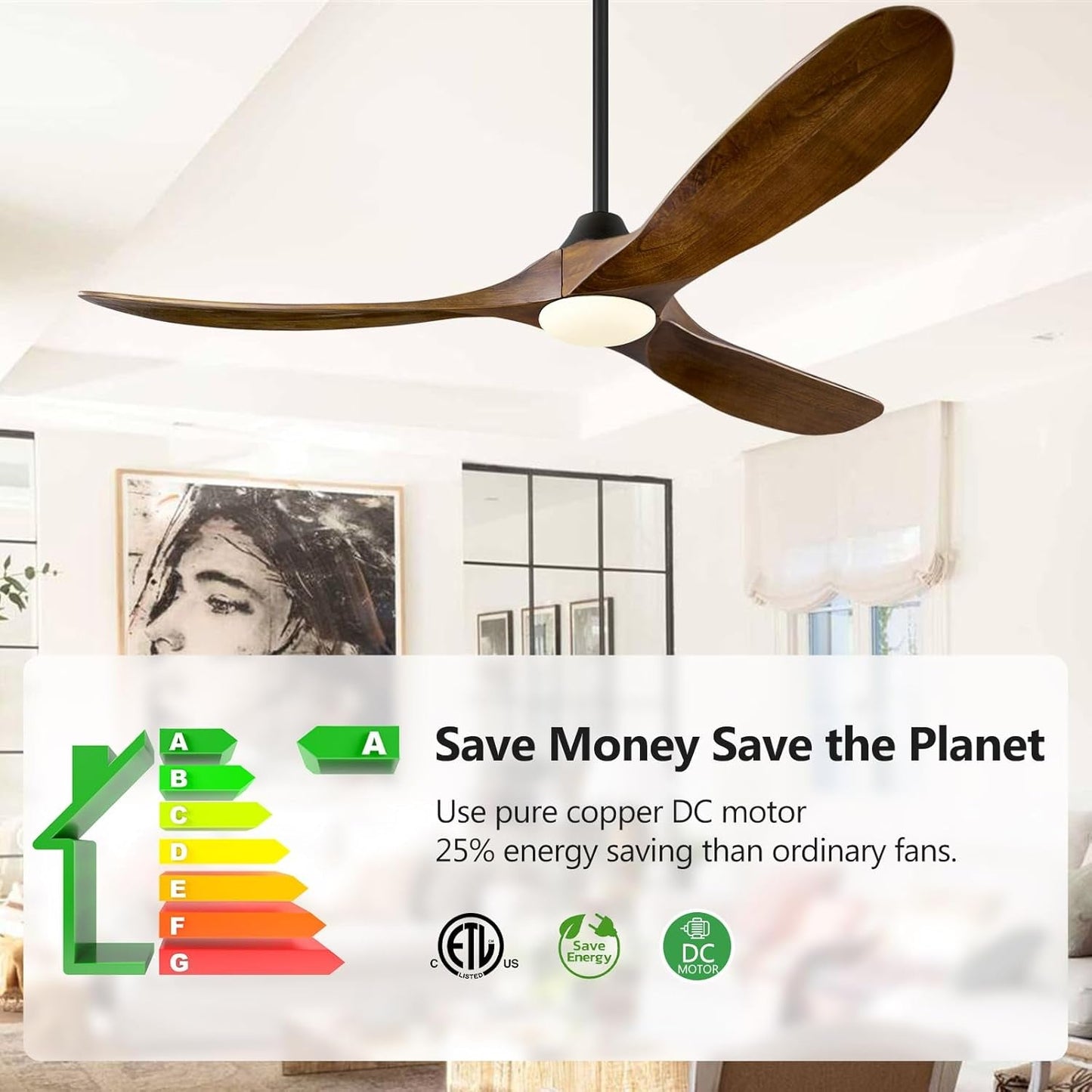 52 Inch Walnut Wood Ceiling Fan With Integrated LED Remote