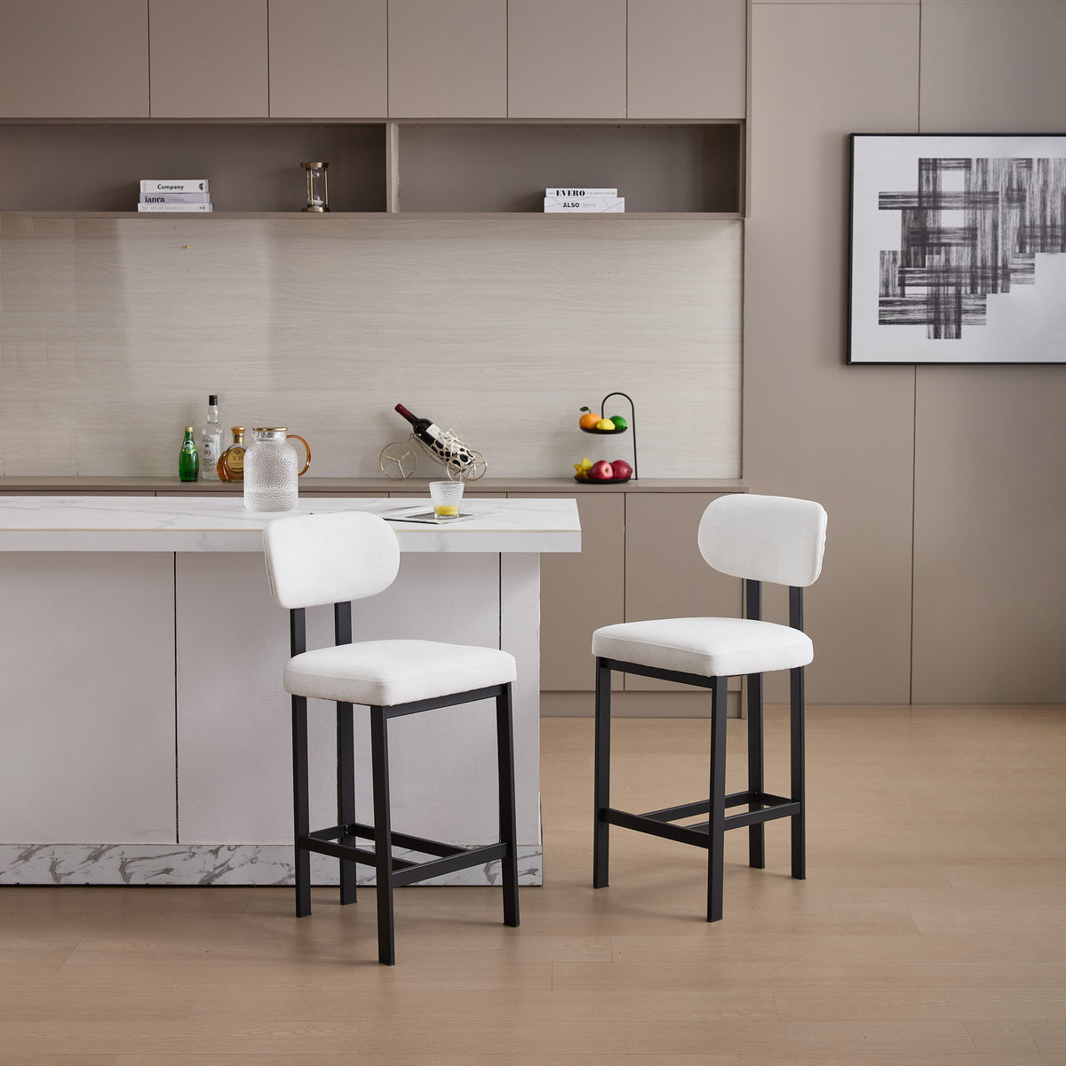 Bar Stools Set of 2, 26 Inch Modern Upholstered Fabric Counter Height Barstools