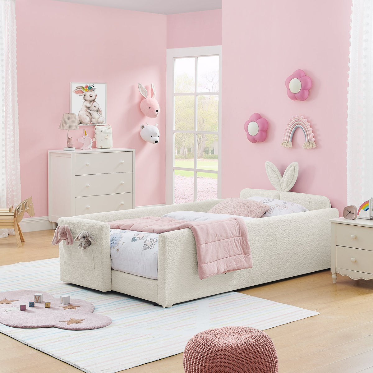 Twin Size Upholstered Platform Bed with Rabbit Ear Headboard