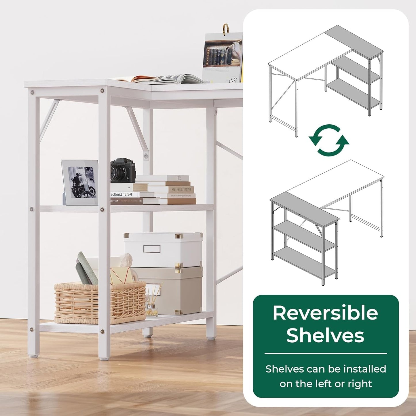 47 Inch L Shaped Computer Desk With Reversible Storage Shelves