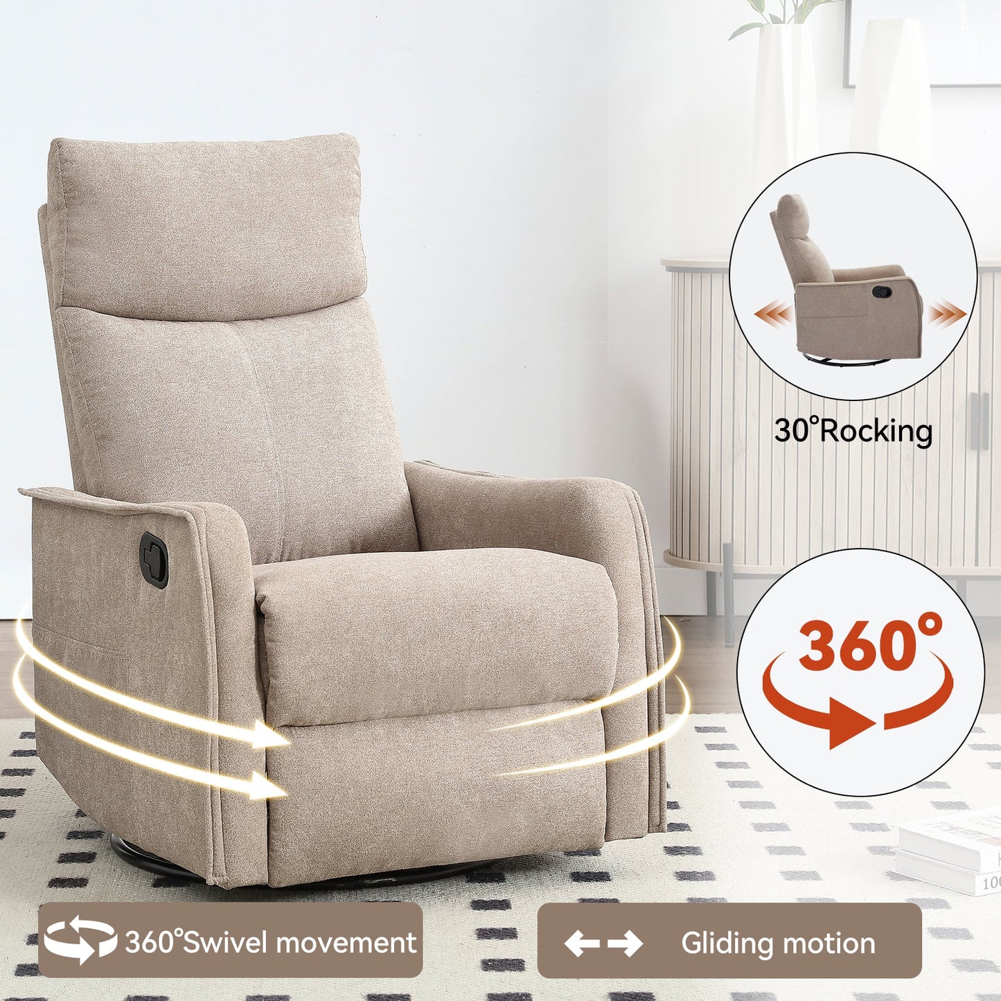 Heat Massage Manual Recliner Chair with Rocker and Swivel in Fabric for Living Room, Khaki
