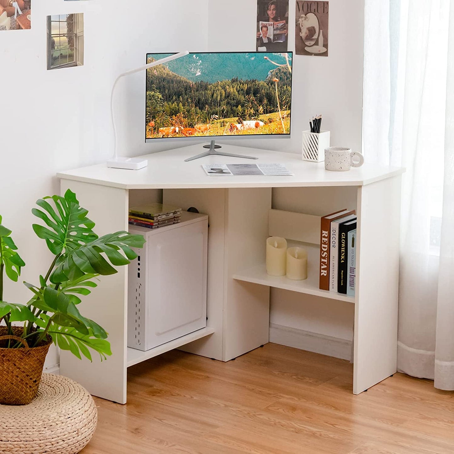 Compact White Corner Desk With Storage Shelves For Home Office