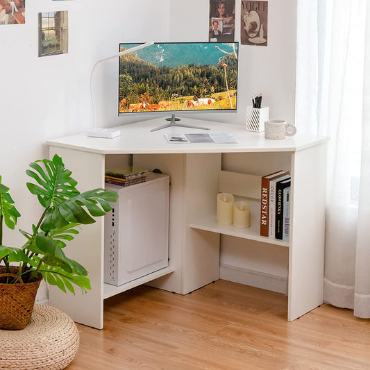 Compact White Corner Desk With Storage Shelves For Home Office
