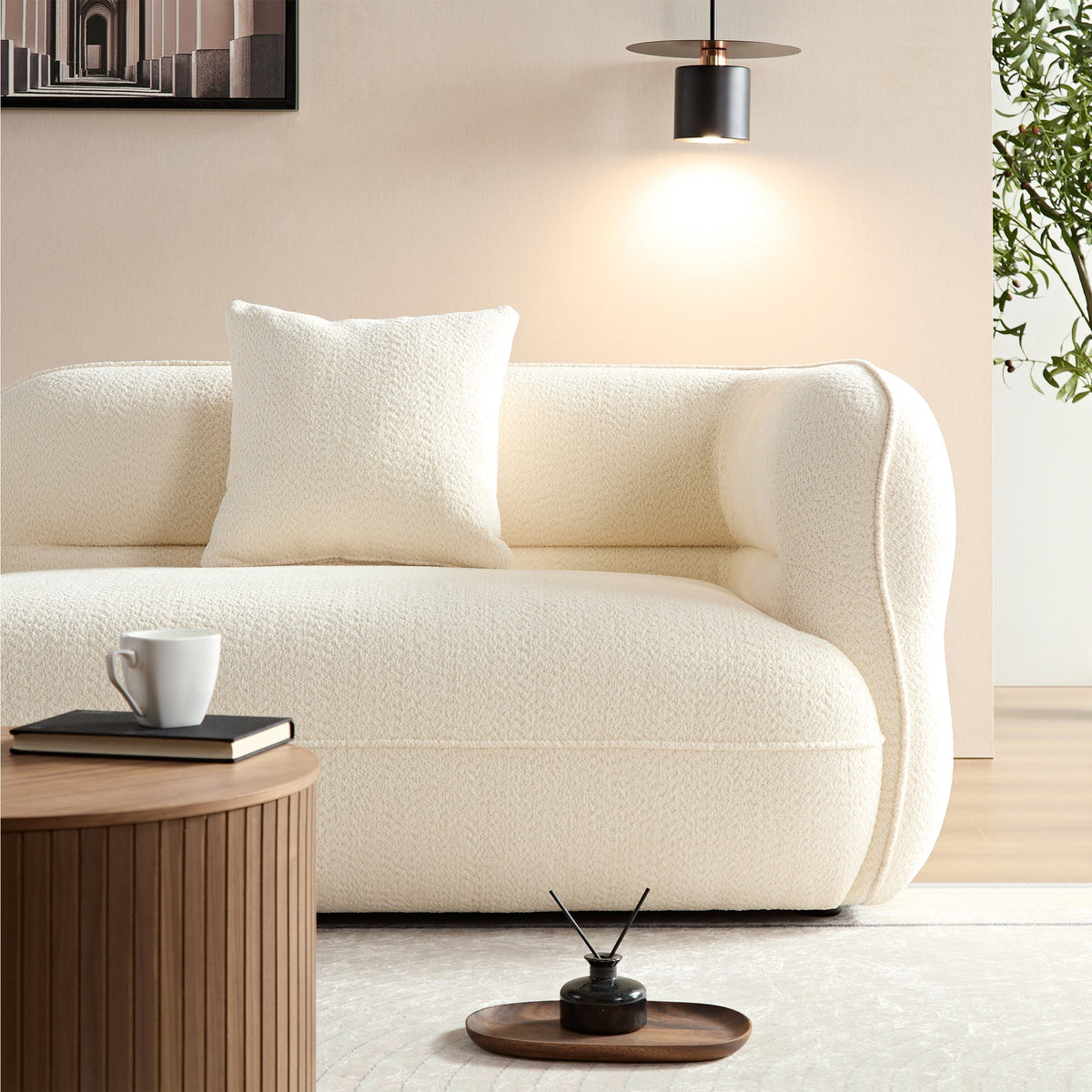 White Sectional Sofa, Durable Fabric, Solid Wood Frame