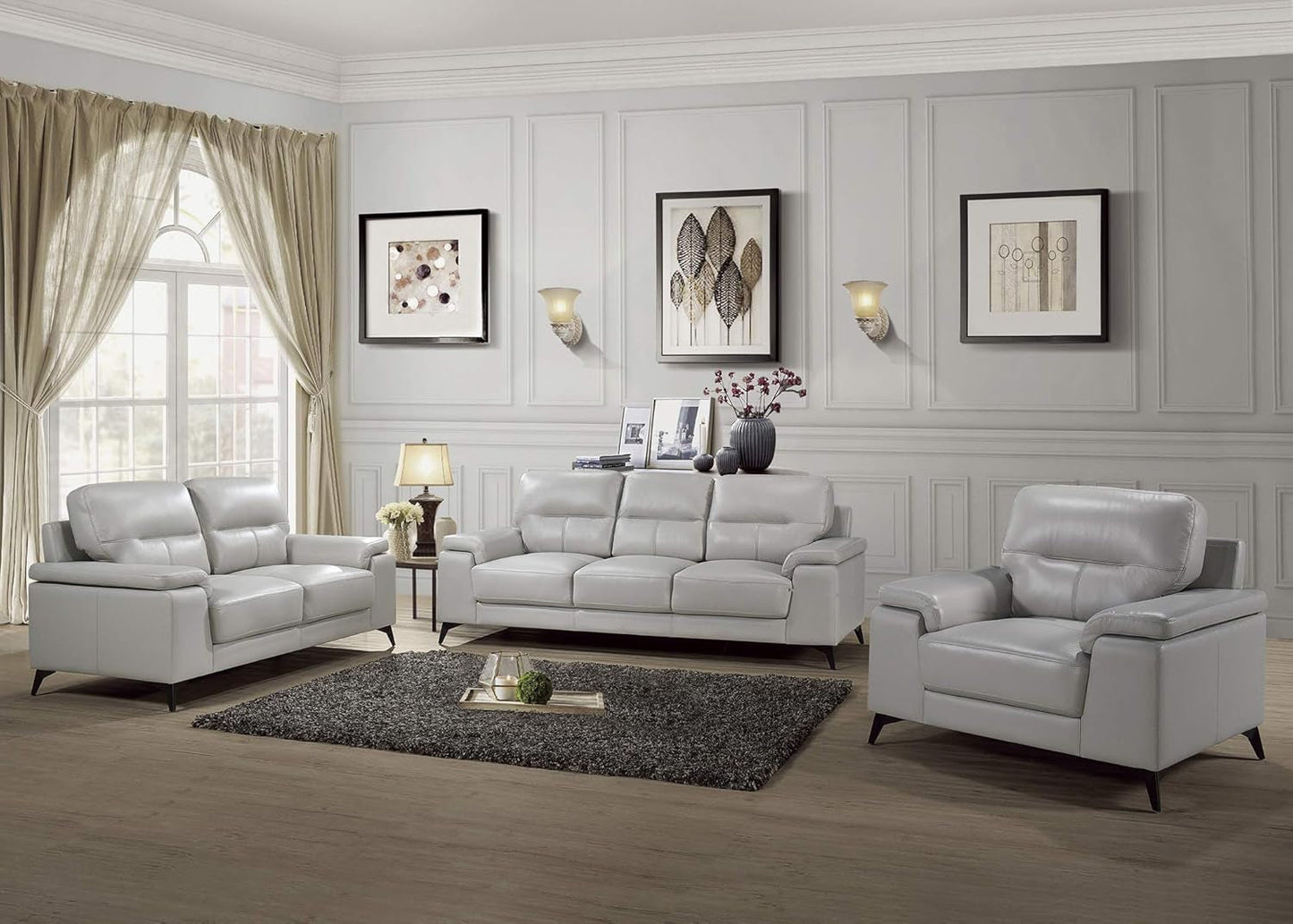 89 Inch Leather Sofa Silver Gray With Metal Legs Wood Frame