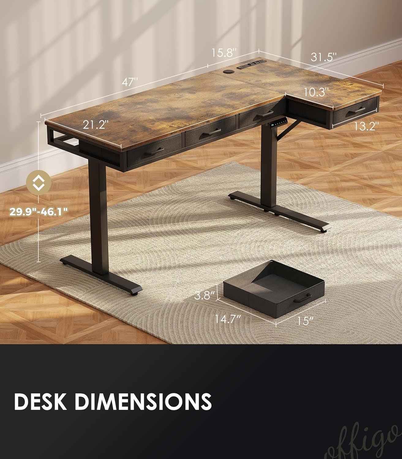 Sixty Three Inch L Shaped Electric Height Adjustable Desk Drawers