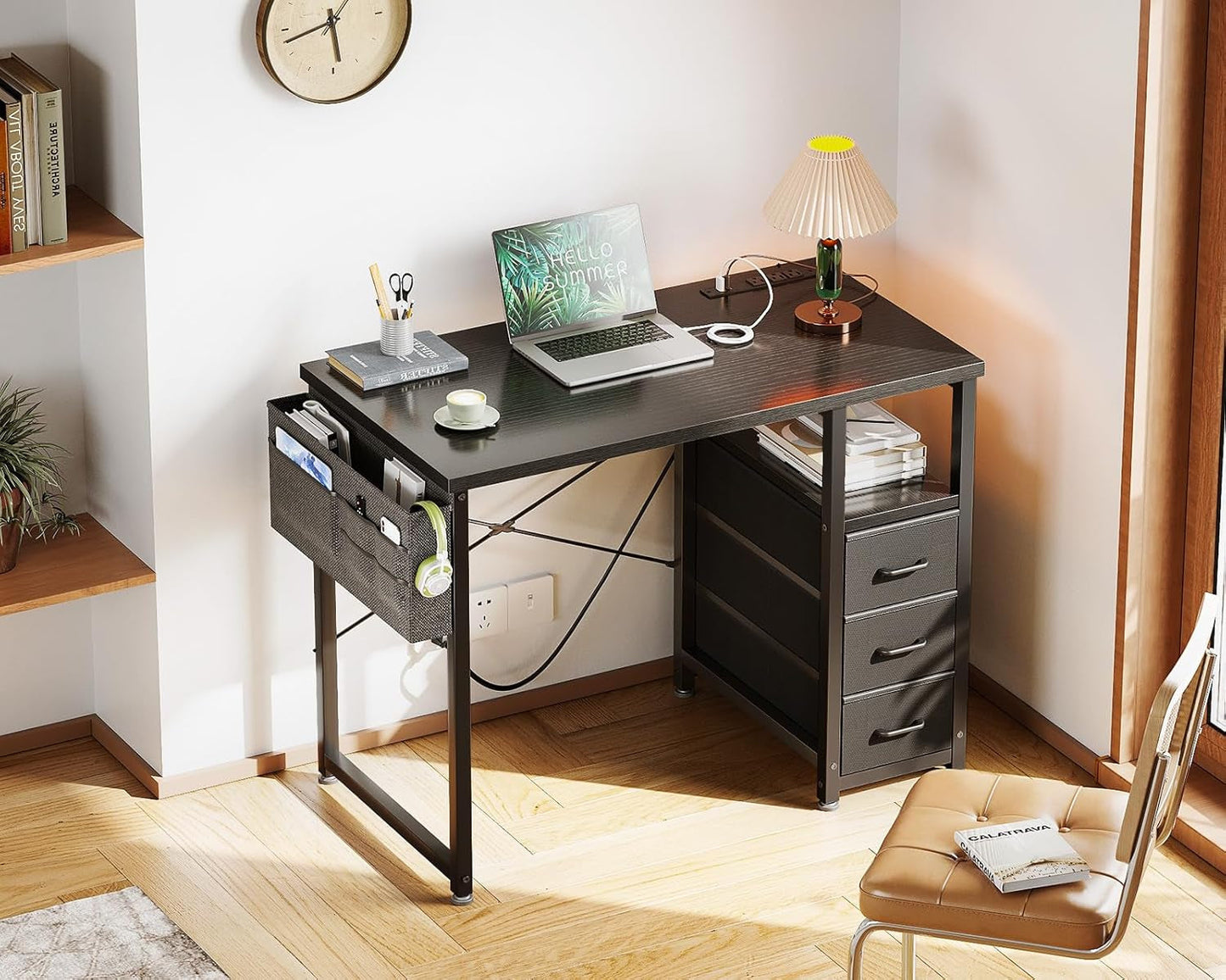 32-Inch Computer Desk With Fabric Drawers And Charging Station Black