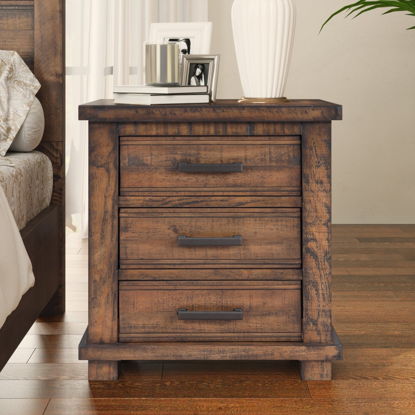 Rustic Three Drawer Reclaimed Solid Wood Nightstand