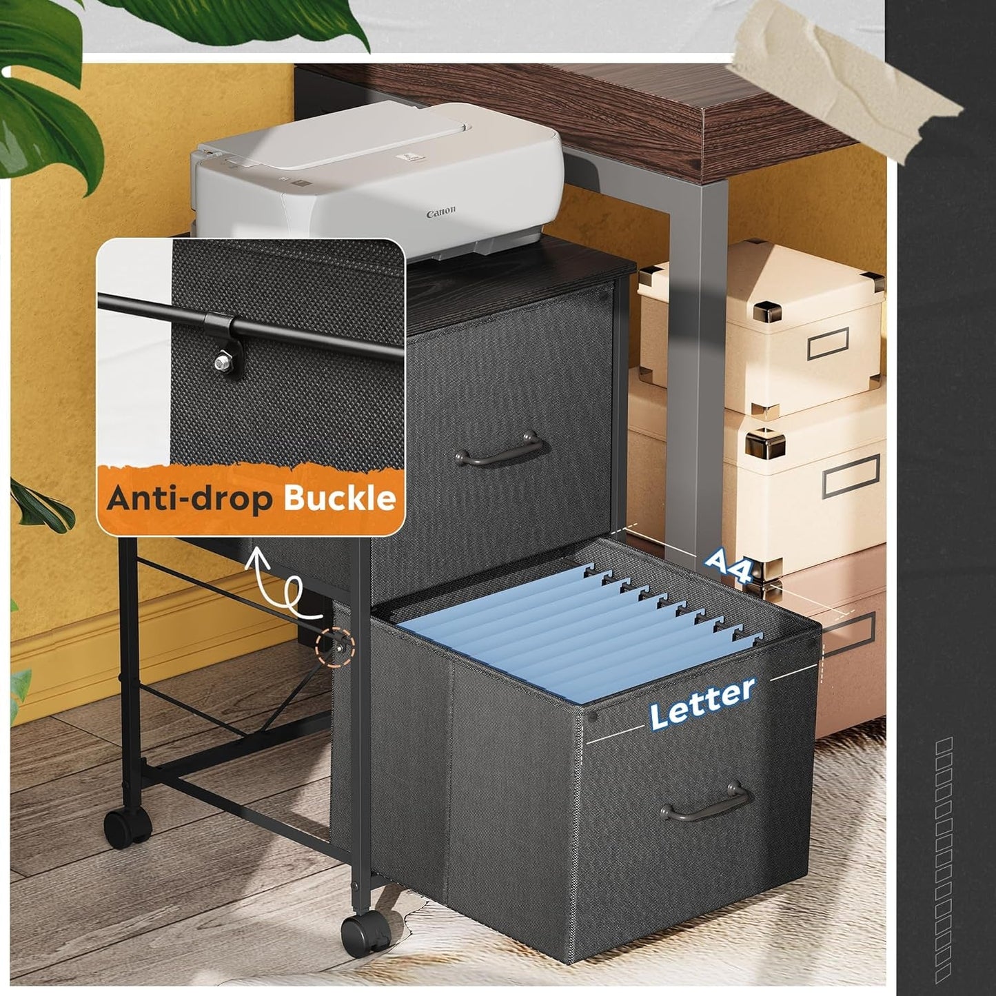 2 Drawer Mobile File Cabinet And Rolling Printer Stand Black Fits A4 Or Letter Size Home Office