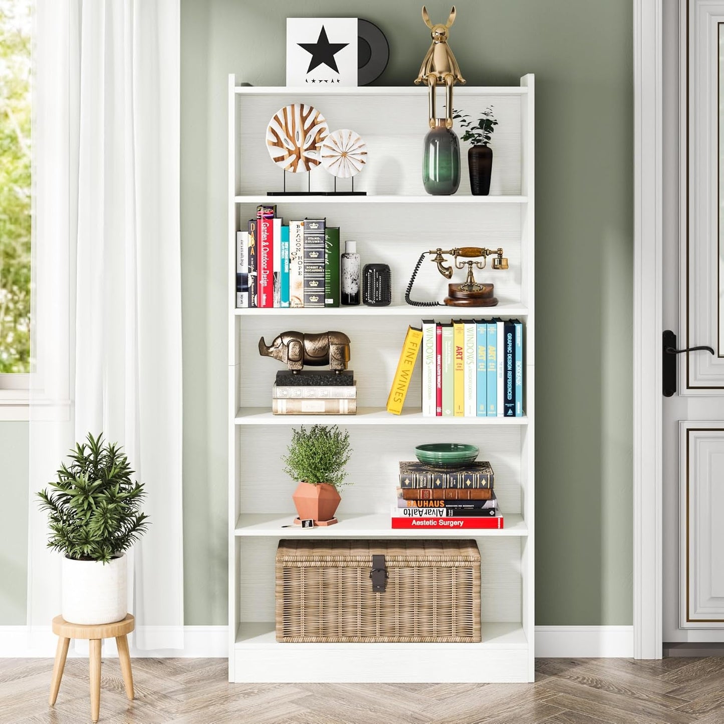 Tall White Six Tier Bookcase 72 Inches Contemporary Wood