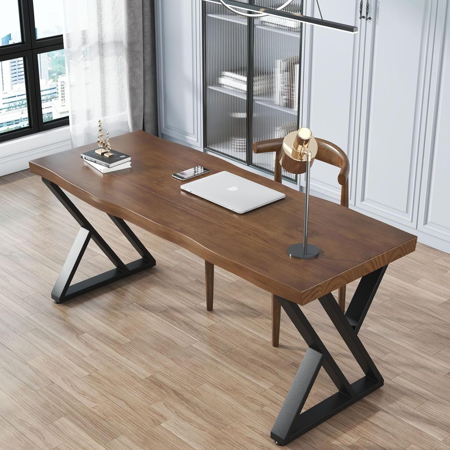 Solid Wood Desk Fifty Five Inch Wide Matte Brown Rustic Aged Oak