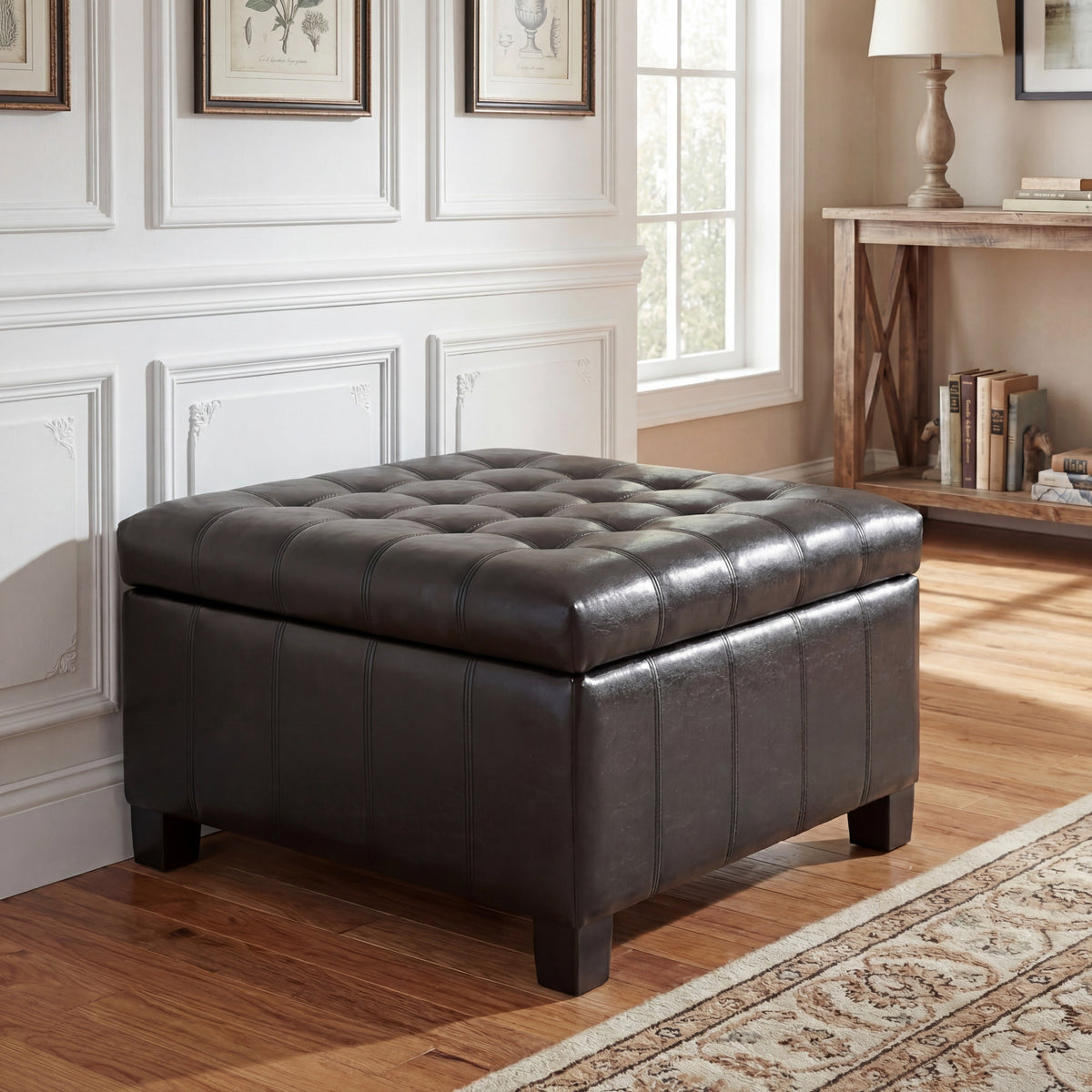 Black PU Storage Ottoman with Rubber Wood Legs