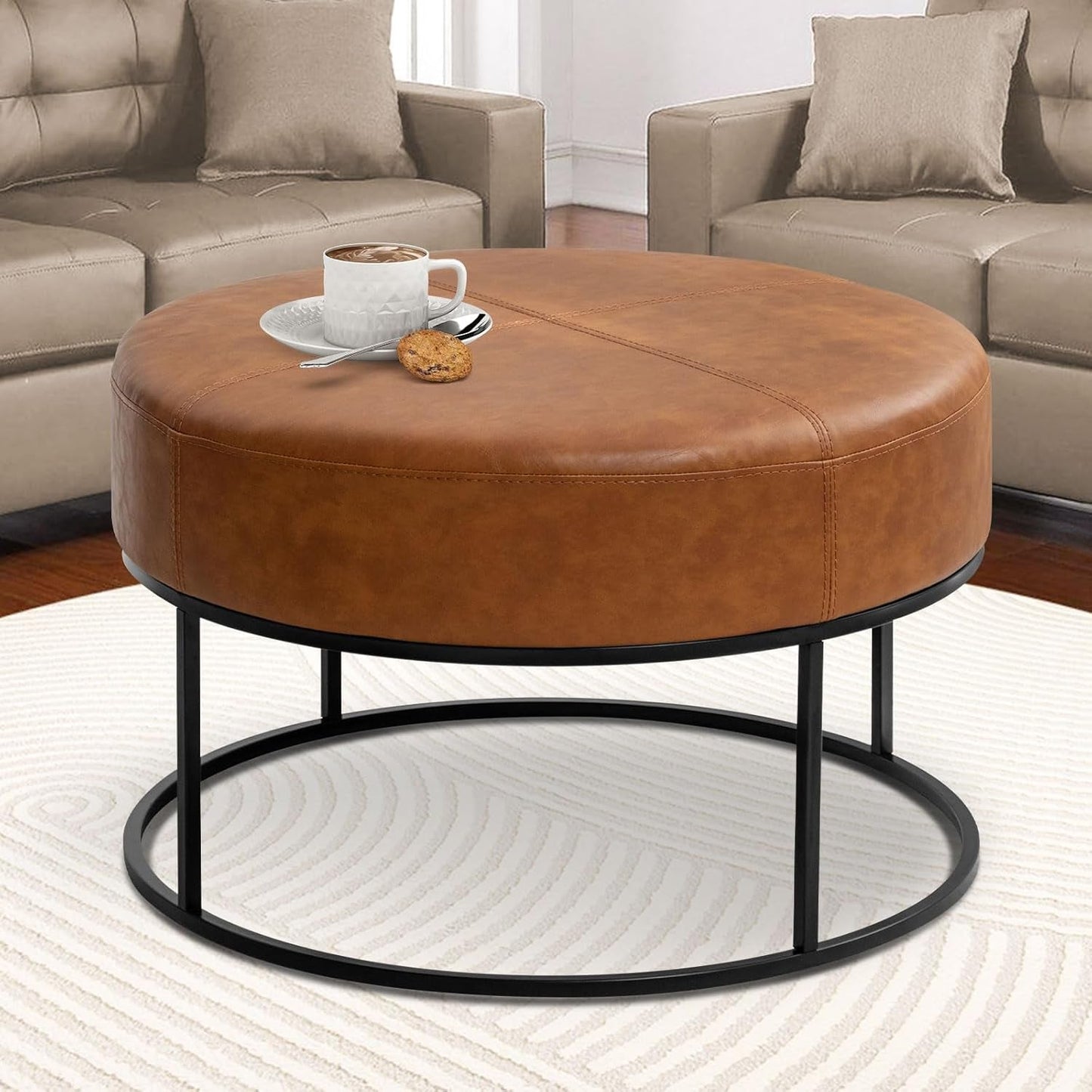 Round Leatherette Upholstered Coffee Table Midnight Brown