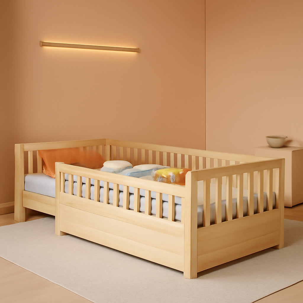 Twin Montessori Floor Bed With High Safety Rails Natural