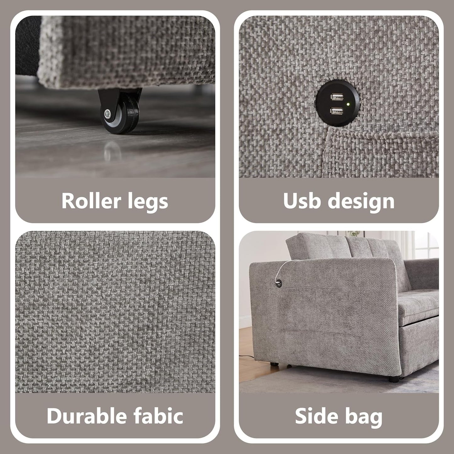 57 Inch Convertible Sofa Bed With USB Charging Ports Grey