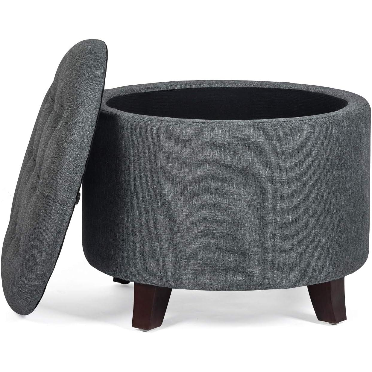 Gray Fabric Round Storage Ottoman With Button Tufting