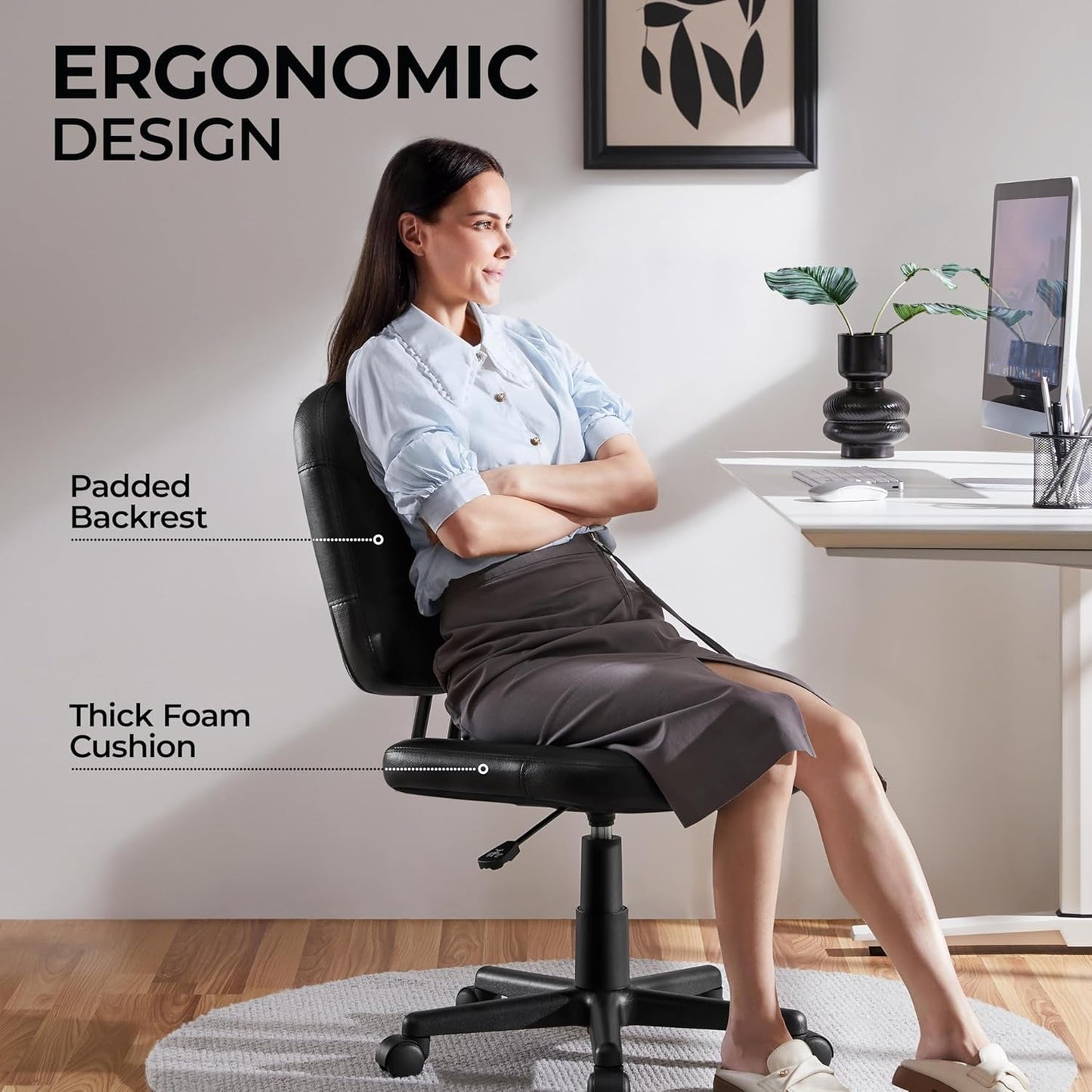 Armless Ergonomic Office Chair Black PU Leather Swivel