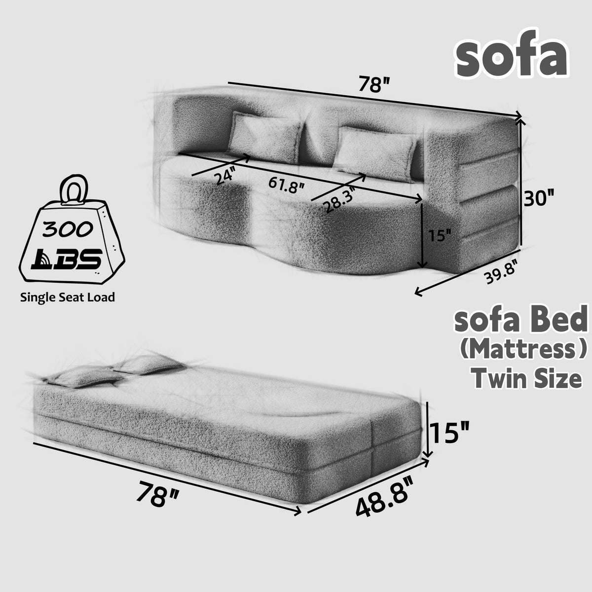 Modern Floor Sofa with Twin Size Folding Mattress
