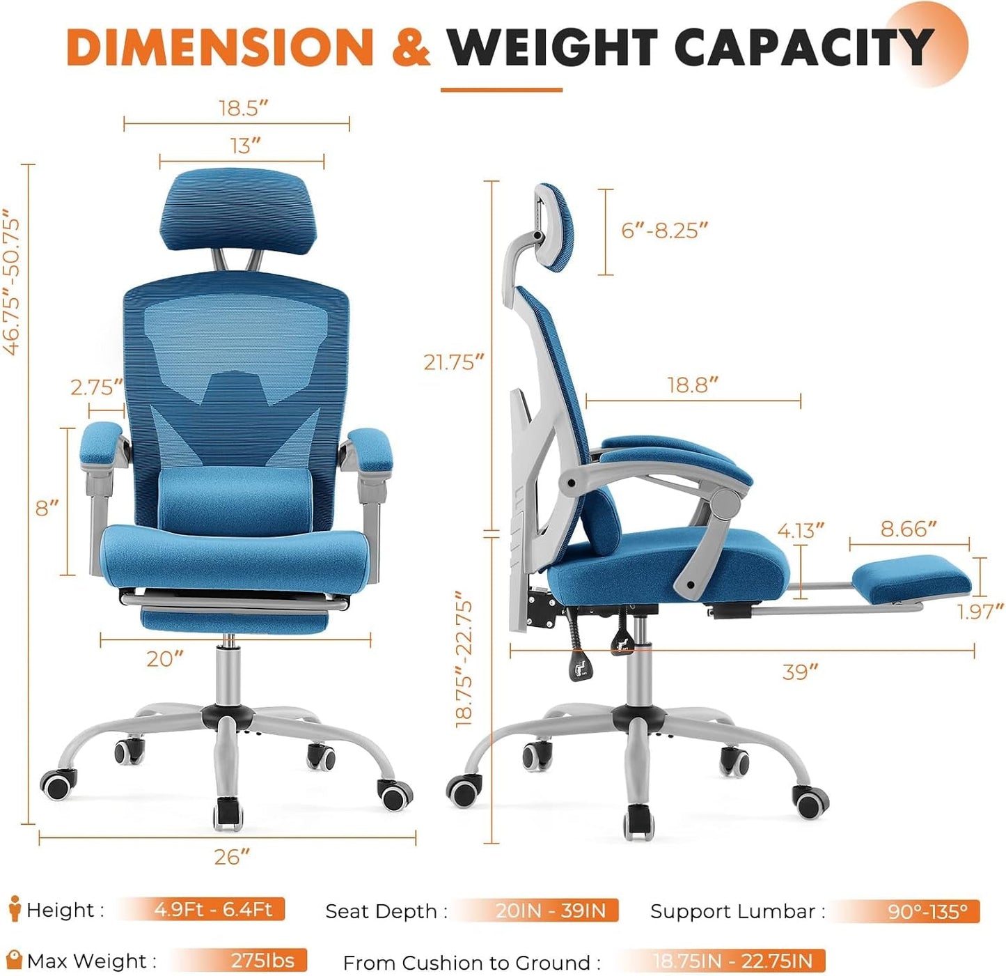 Blue Ergonomic Mesh Office Chair With Lumbar Support