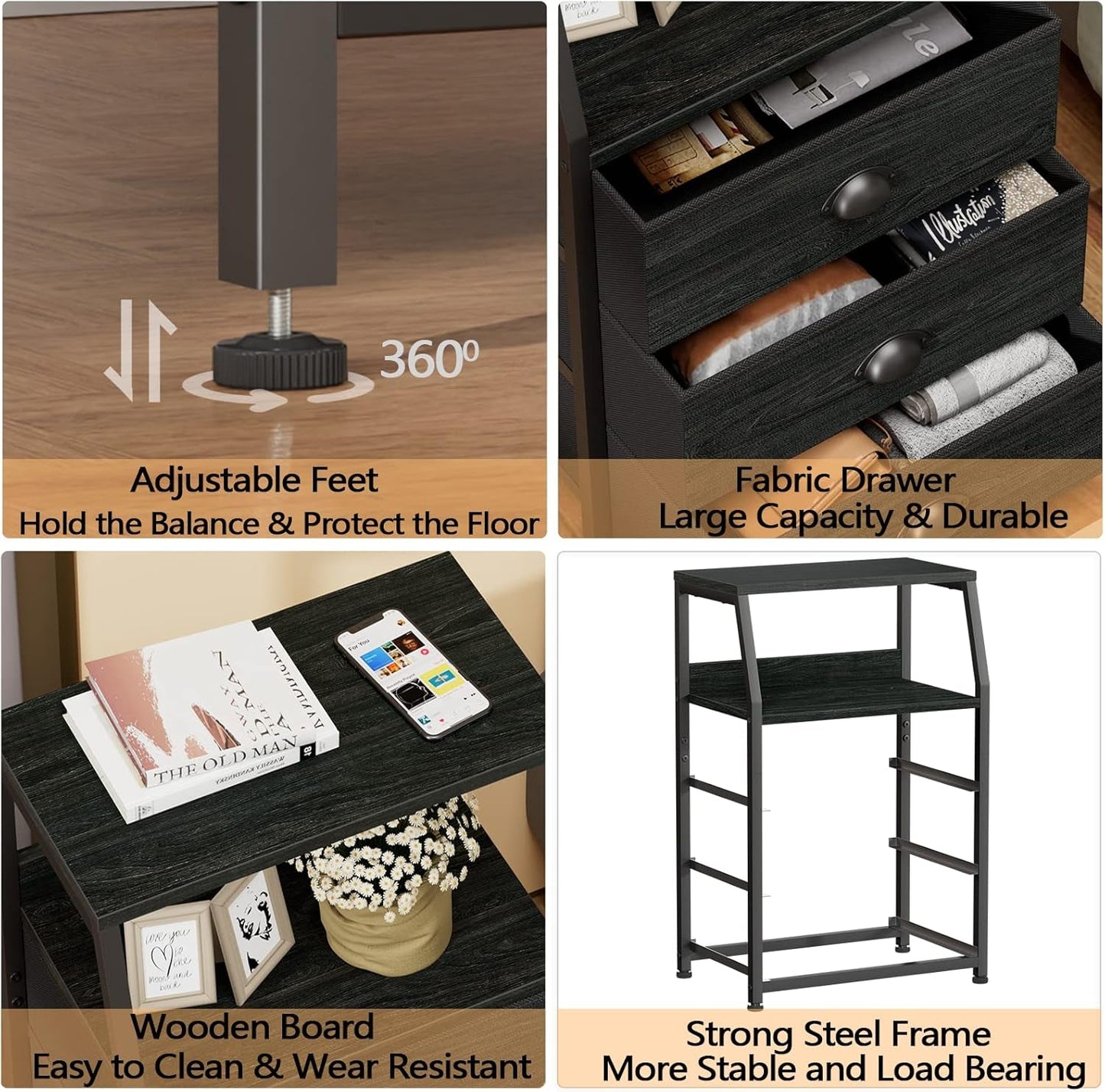 Black Night Stand With 3 Fabric Drawers And 2 Tier Shelf