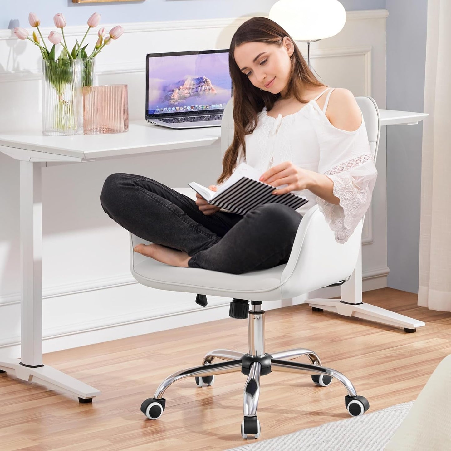 Ergonomic Faux Leather Office Chair White Adjustable