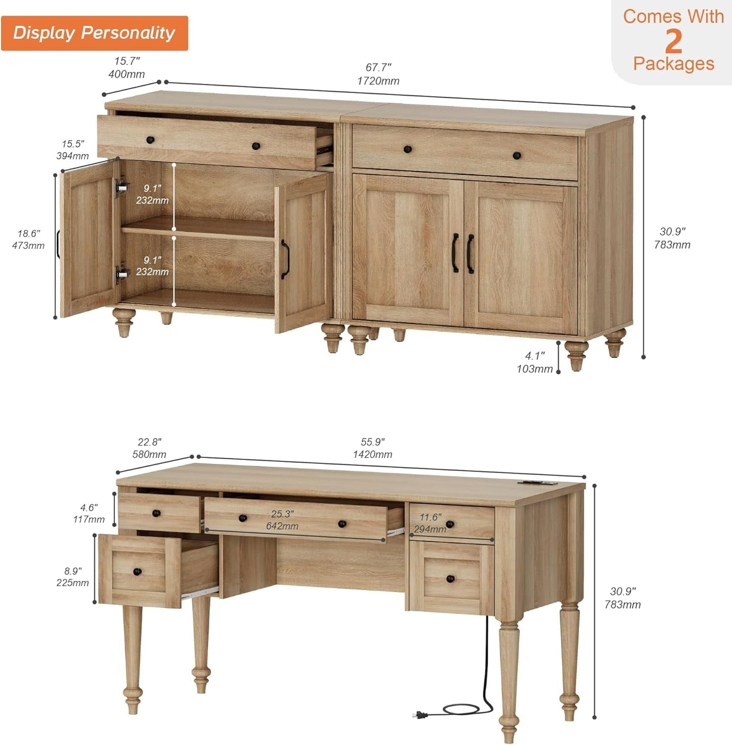 56 Inch Oak Executive Desk With Integrated Charging System
