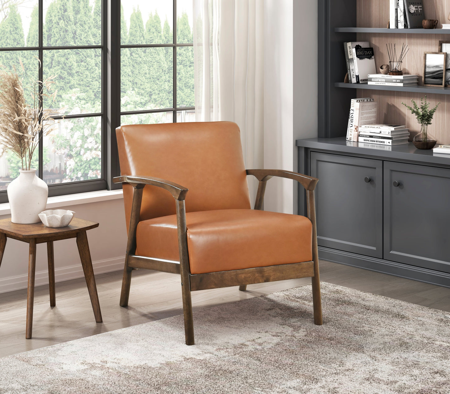 Brown Faux Leather Upholstered Accent Chair 1pc Seat Cushion Solid Rubberwood Frame Living Room Furniture