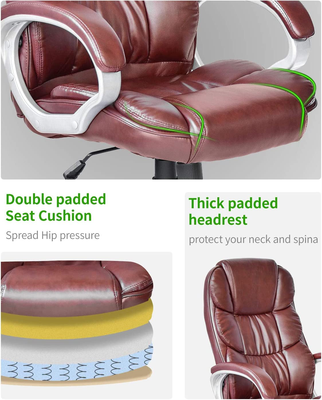 Ergonomic High Back Office Chair Adjustable PU Leather With Armrests Brown