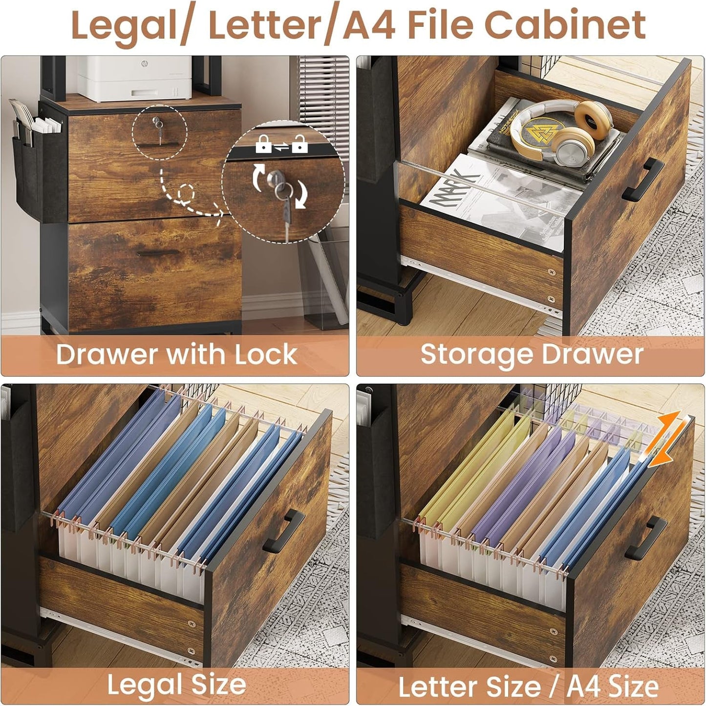 2 Drawer File Cabinet With Lock Rustic Brown For Letter Legal A4 Hanging File Folders Adjustable Shelf