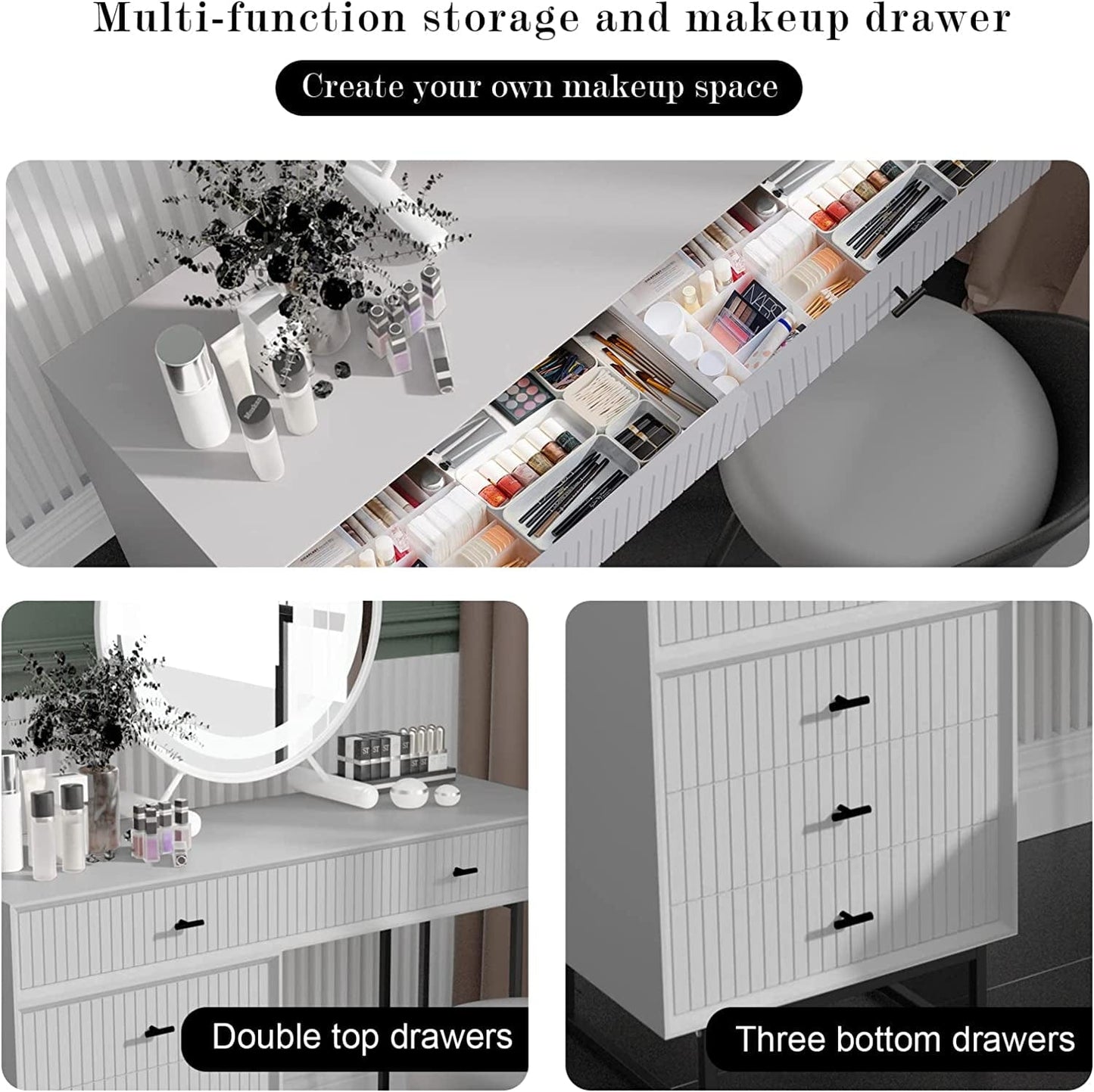 Modern White Vanity Desk – 5-Drawer Adjustable Layout with Side Cabinet