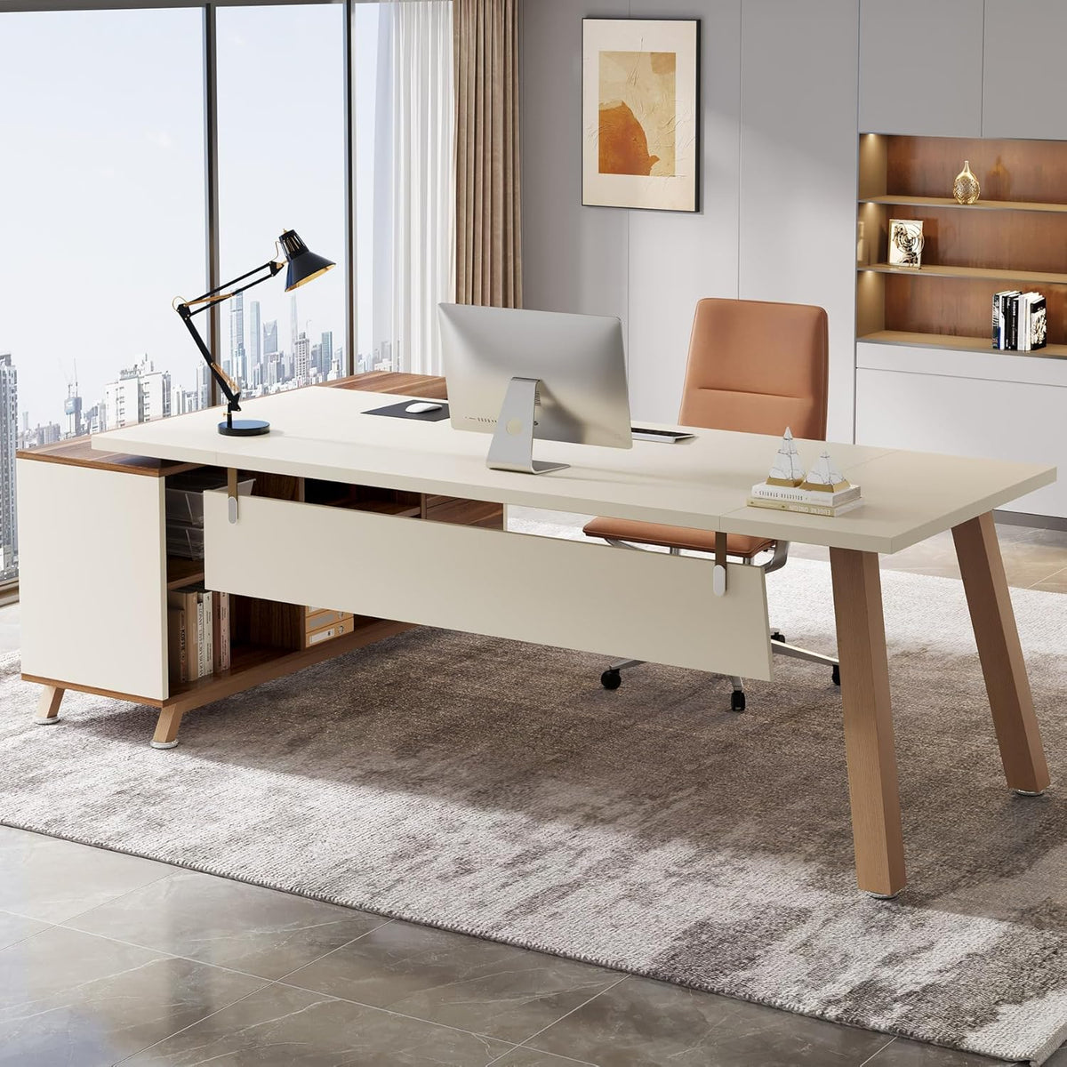 78.7" L-Shaped Executive Desk with 55" File Cabinet