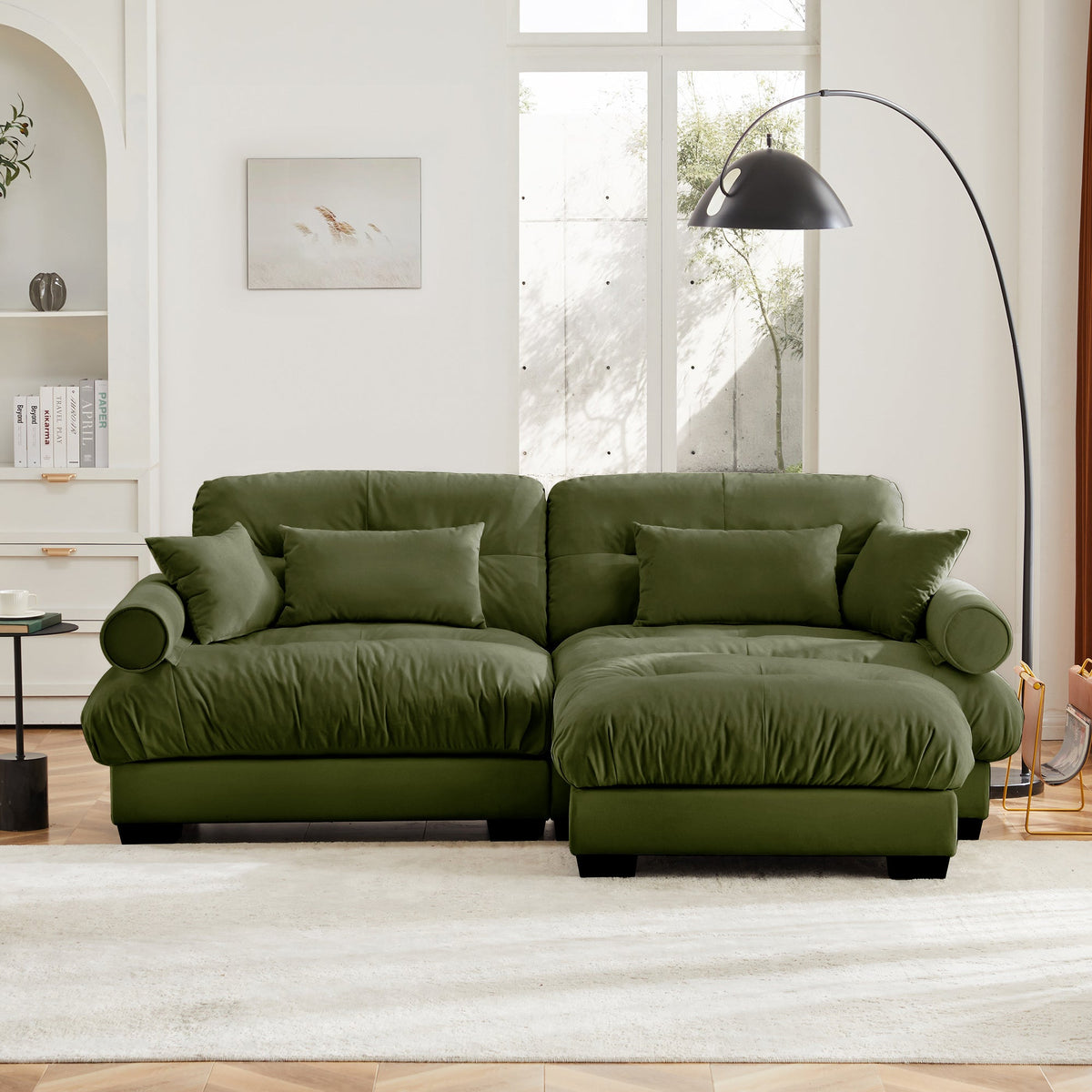 Over Size Modern Two-Seater Sofa with Ottoman in Olive
