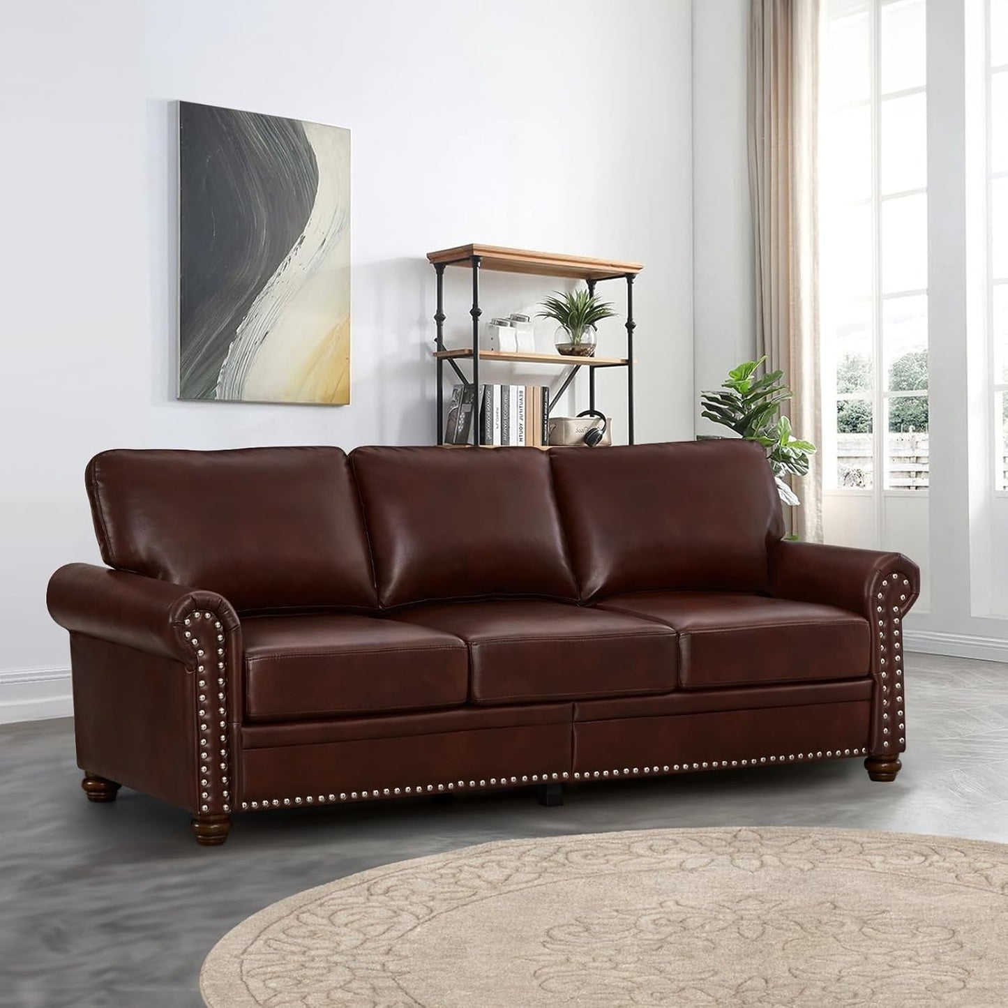 3 Piece Faux Leather Sofa Set With Storage In Burgundy Mid Century Modern Living Room