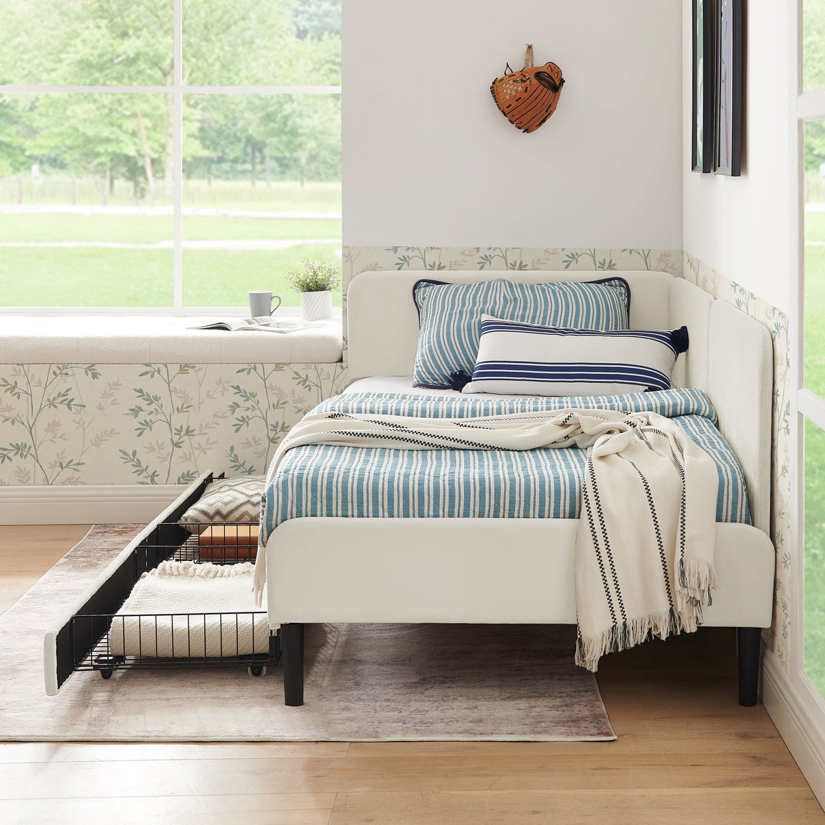 Twin Size Upholstered Platform Bed Frame with 2 Storage Drawers