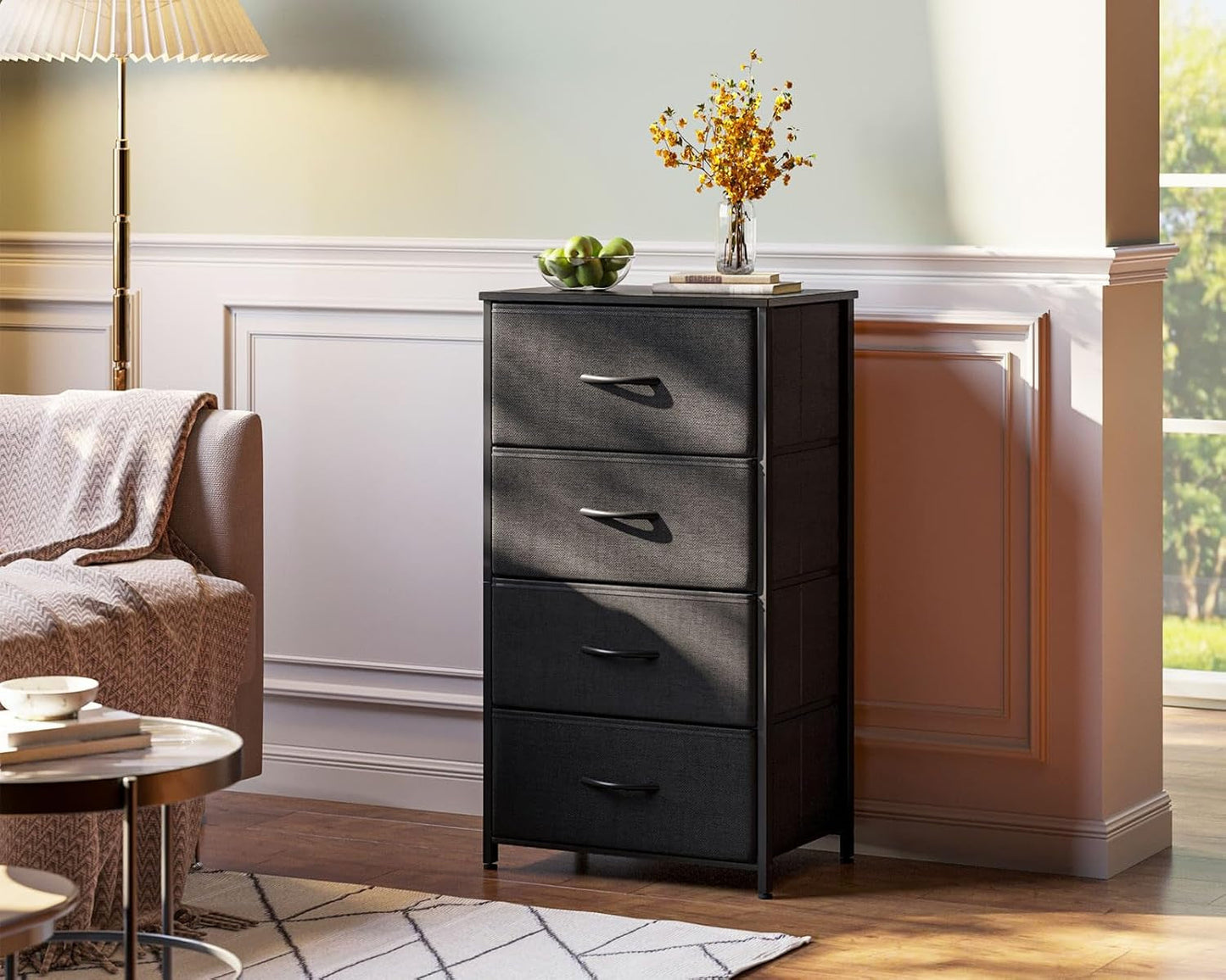Black Textured Fabric Dresser With Four Deep Drawers