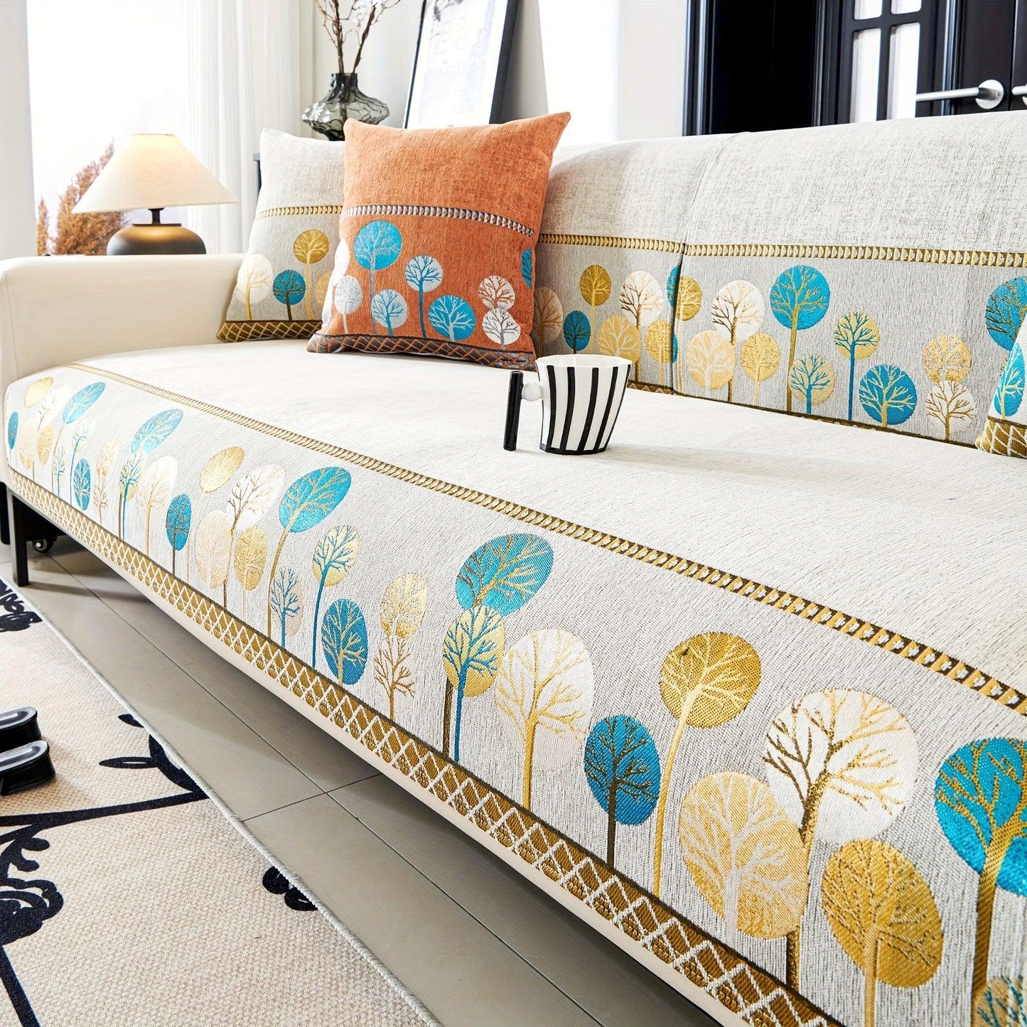 Pet Proof Couch Cover - Boho Chenille Sofa Cover with Tree Embroidery